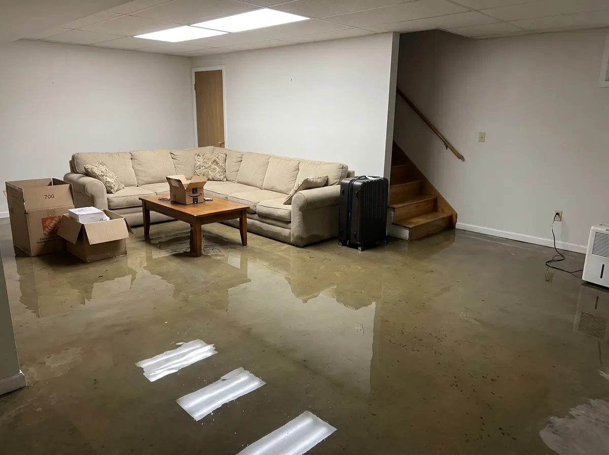 Flooded basement with a suitcase at the stairs after a trip