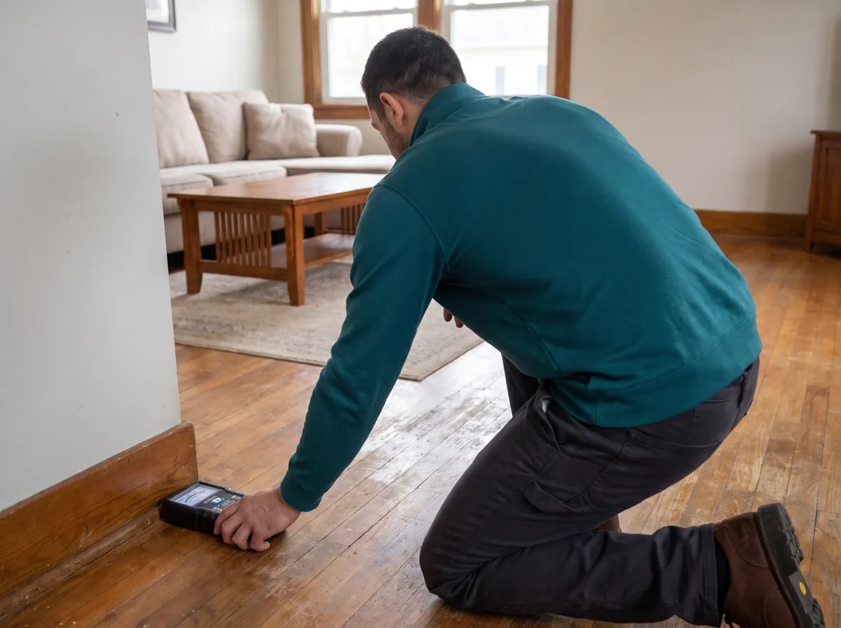 Technician lays a moisture meter flat on a living room hardwood floor