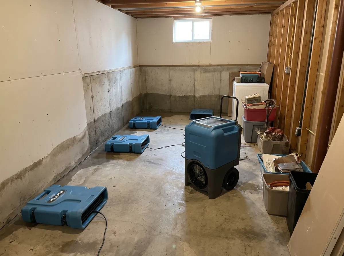 Air movers and a dehumidifier drying a basement with a water line on the wall