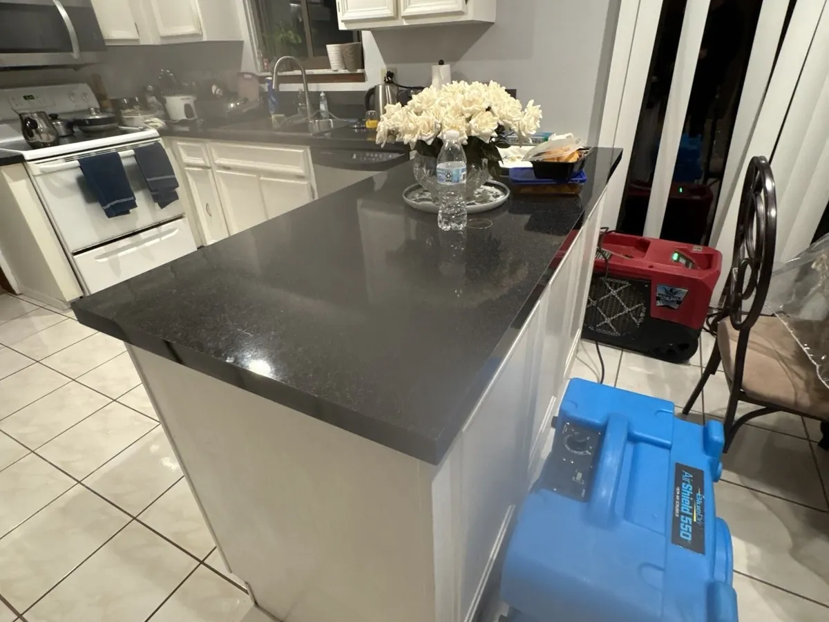 Dehumidifier and air mover drying a kitchen after a leak, Sterling Heights job
