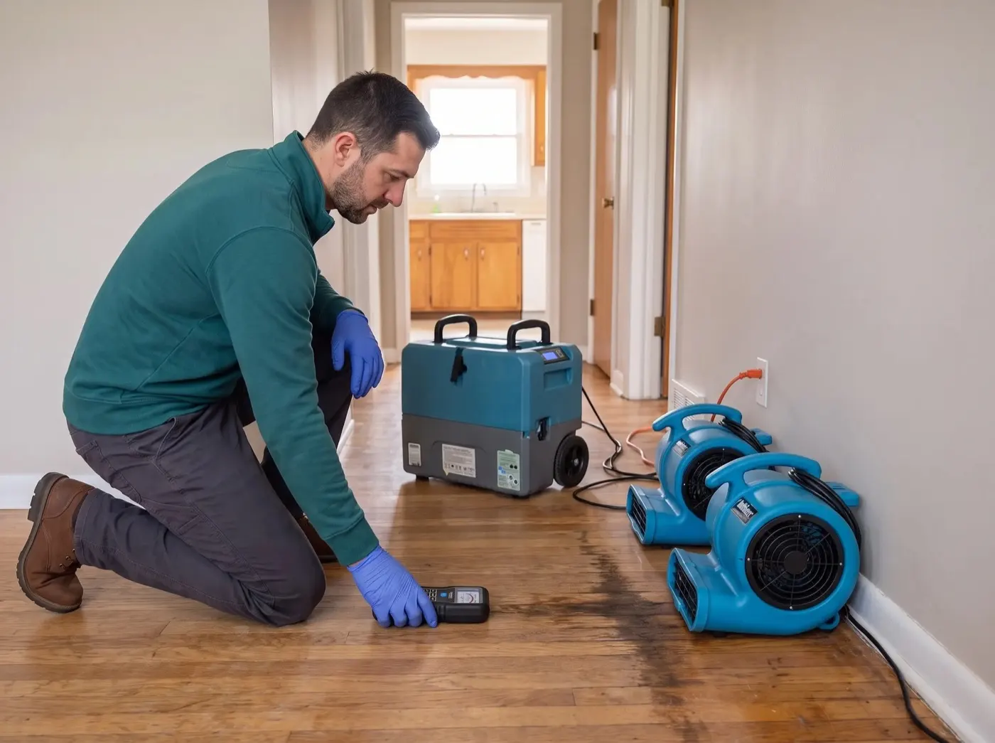 Technician kneeling to press a moisture meter flat against damp hardwood flooring