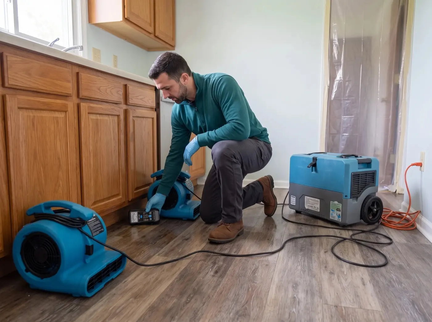 Drying equipment running under open kitchen cabinets with containment sheeting in place