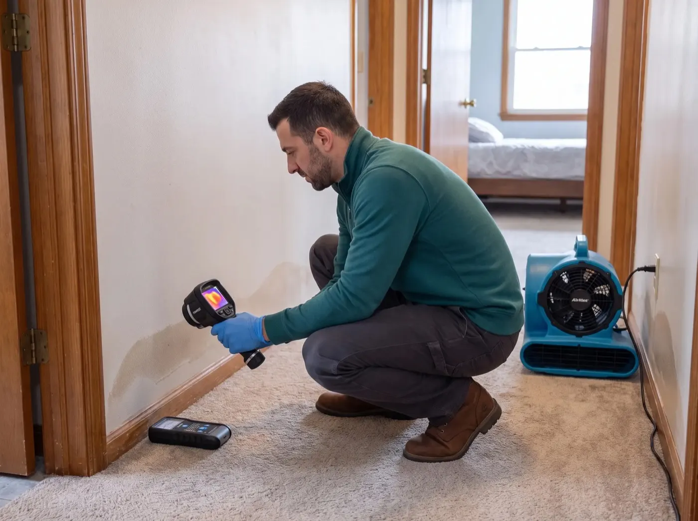Technician holding a thermal camera against a wall above damp carpet