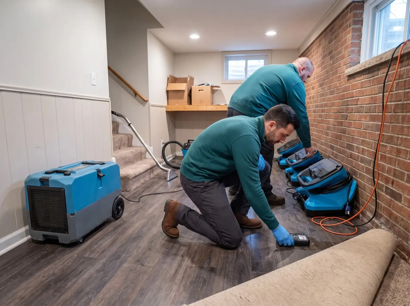 Two technicians in a finished basement with carpet rolled back and drying equipment running