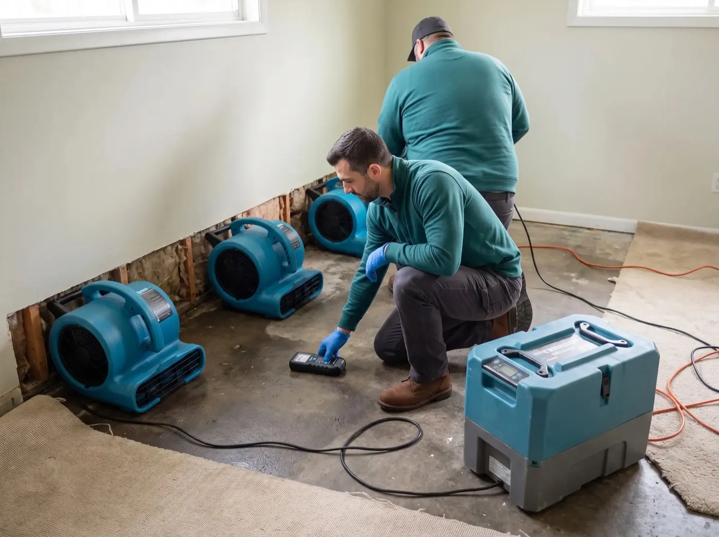 Flood cut along a basement wall with air movers and a dehumidifier running