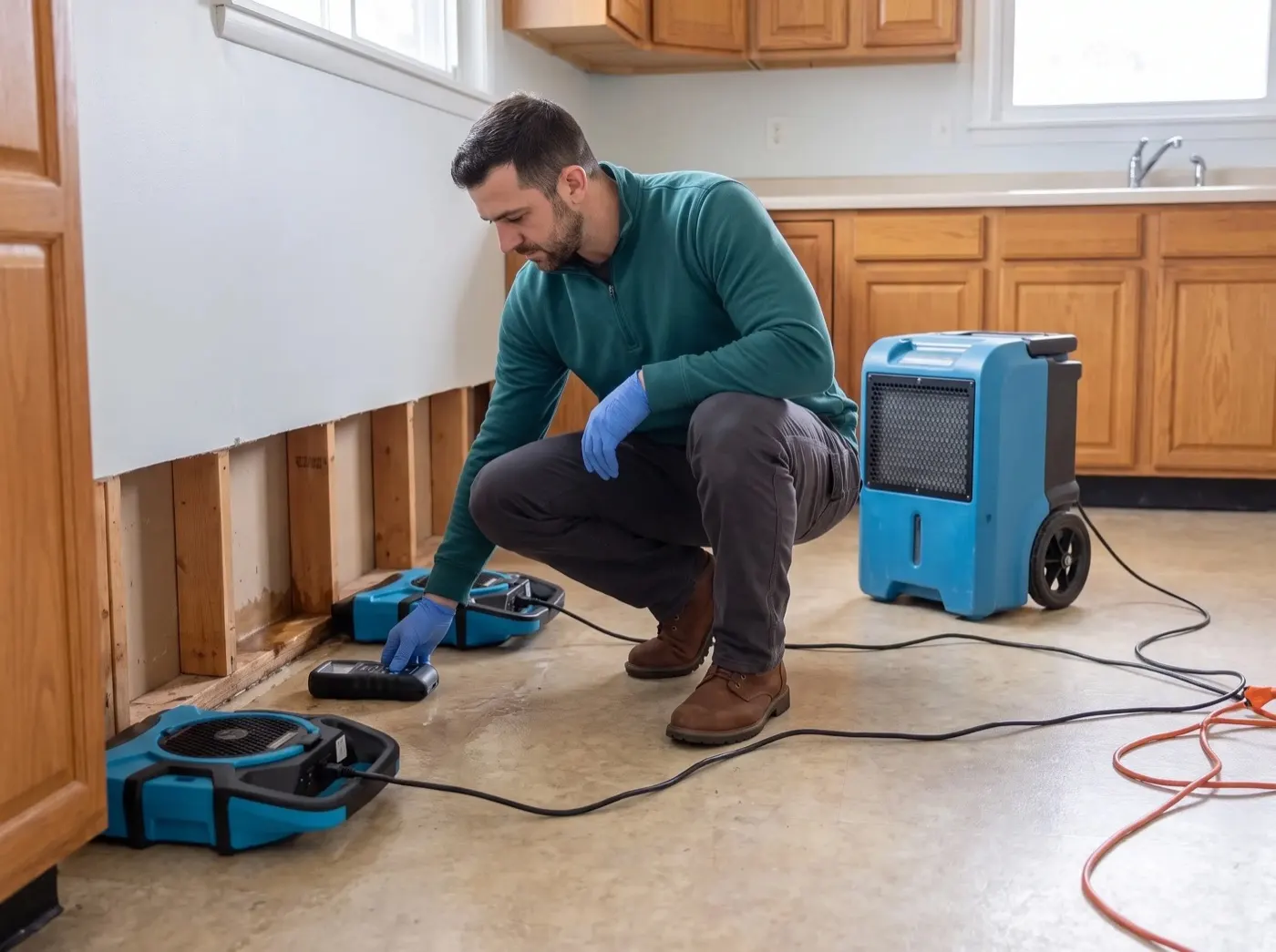 Technician taking a floor reading beside a dehumidifier in a kitchen with the drywall cut back