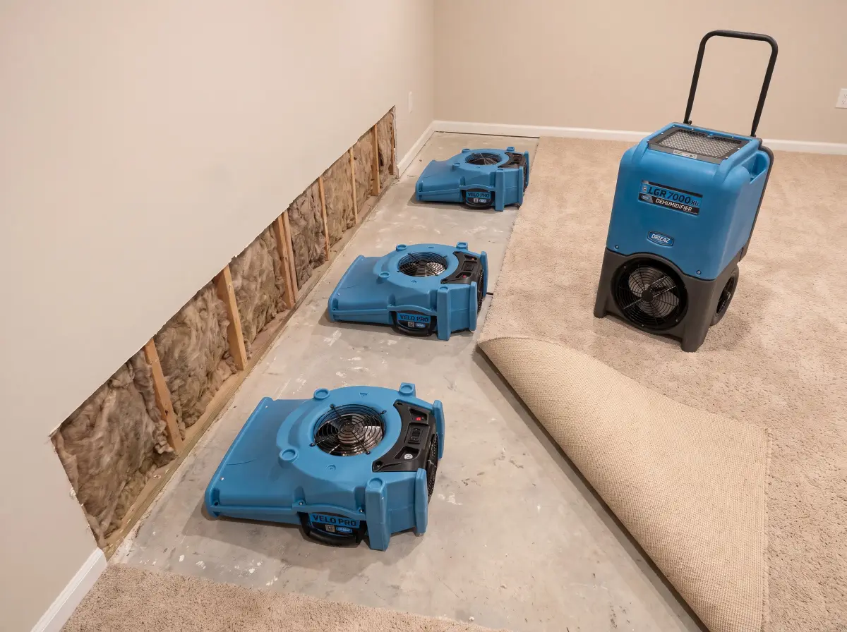 Basement with carpet pulled back, a level flood cut and air movers along the wall