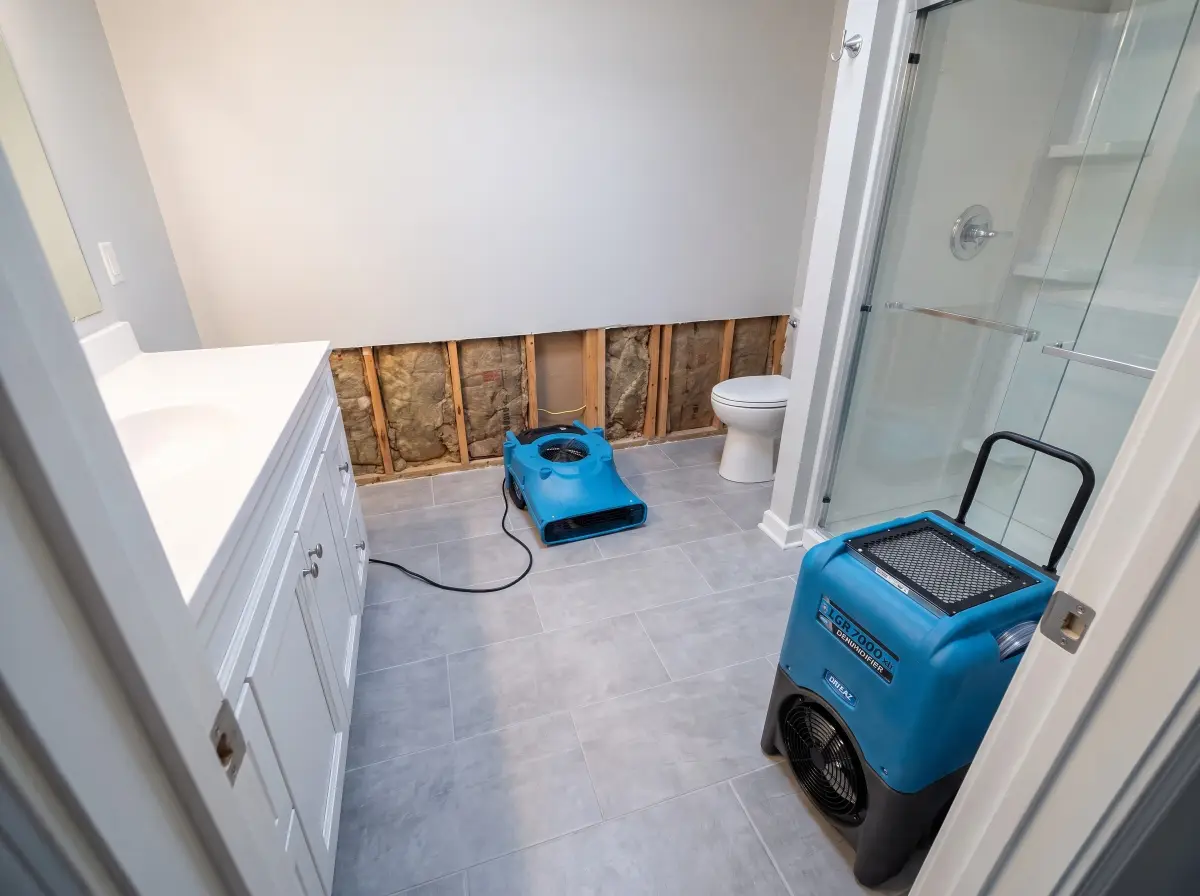 Bathroom with a level flood cut behind the toilet, an air mover and a commercial dehumidifier