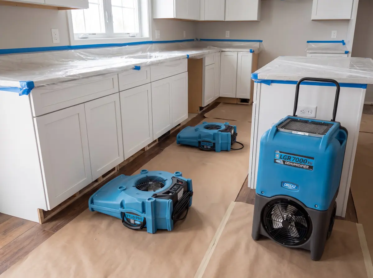 Kitchen with covered counters, air movers aimed at the cabinet toe kicks and a commercial dehumidifier