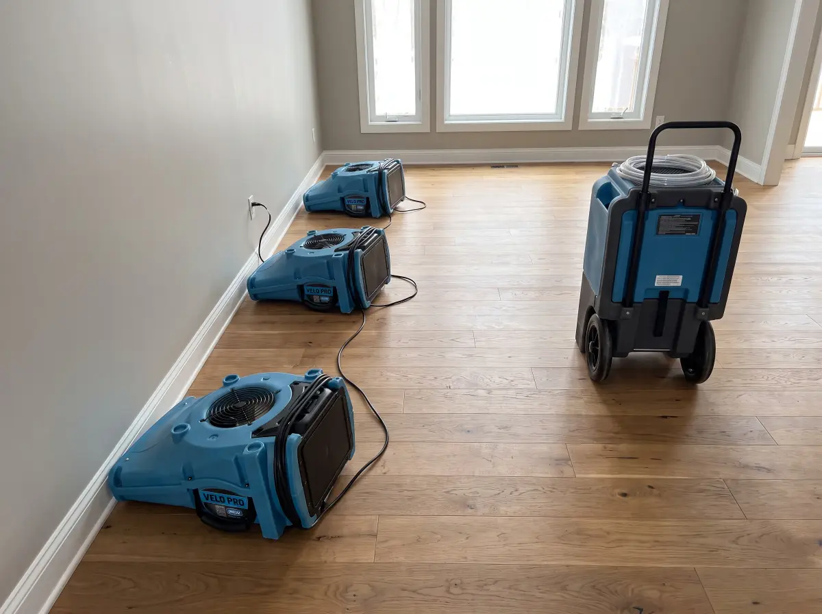 Hardwood living room floor with air movers lined along the wall and a commercial dehumidifier