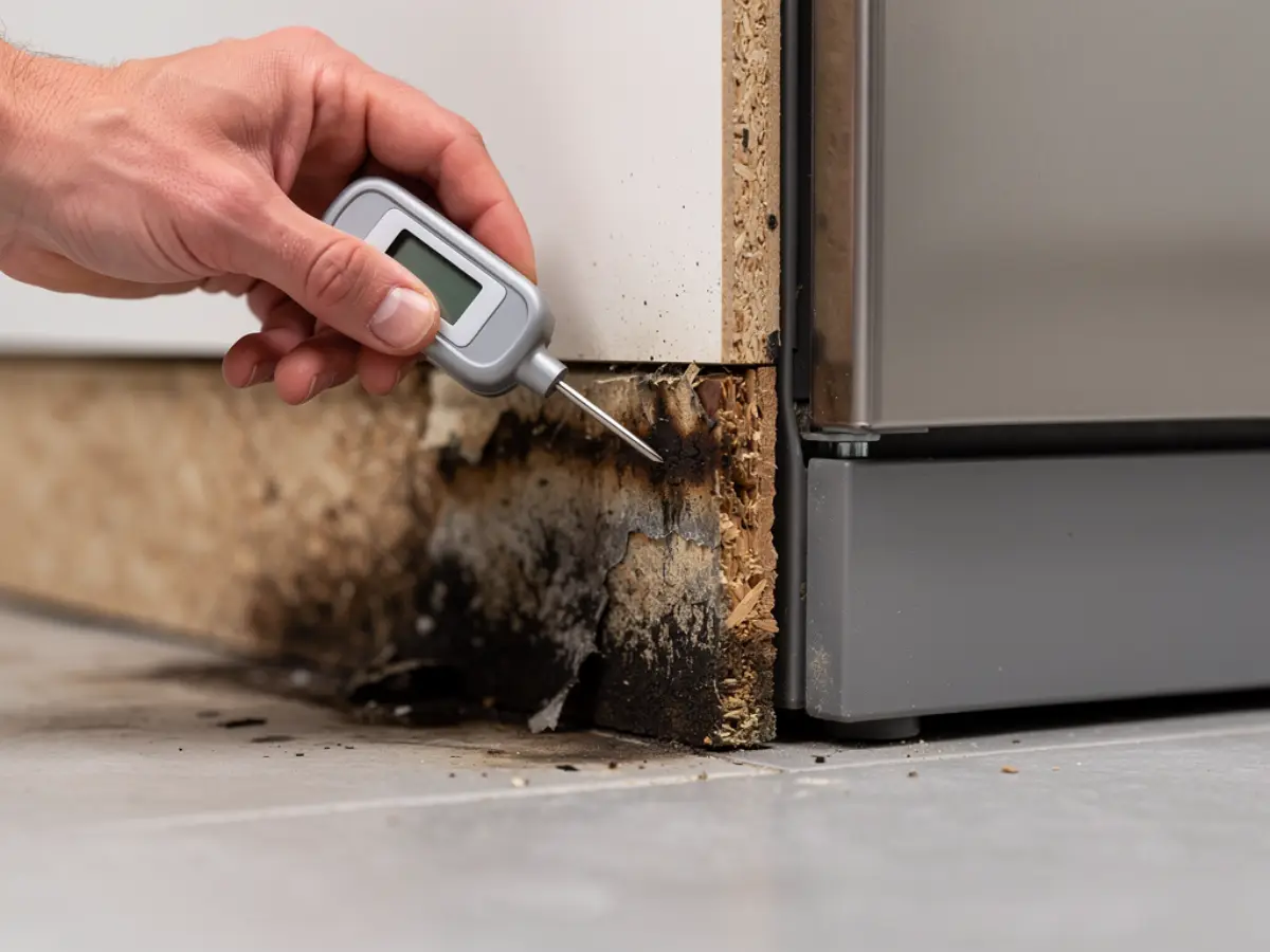 Moisture meter probe pressed into a swollen, water-stained cabinet base beside a dishwasher