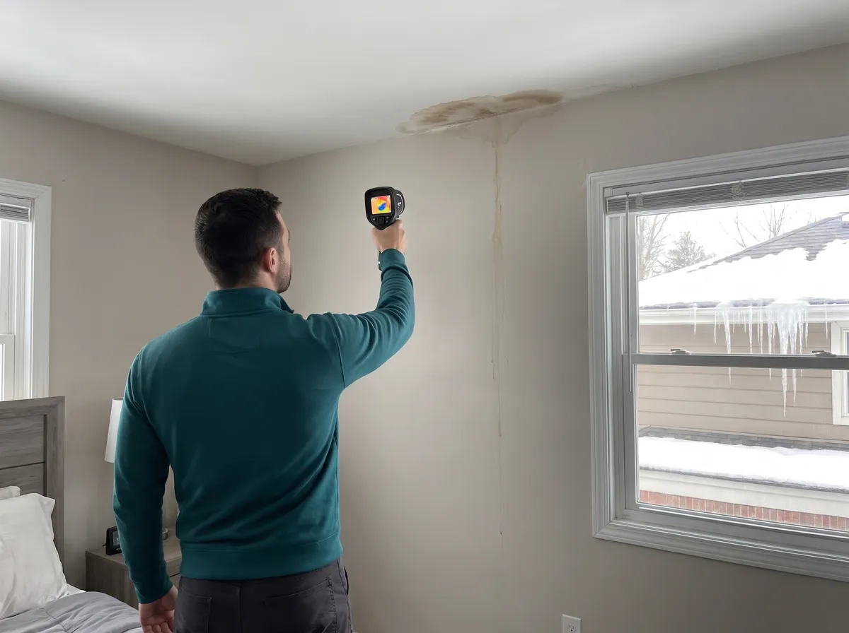 Ice dam leak staining a bedroom ceiling along the exterior wall, with icicles at the window, in an Oakland County, Michigan home