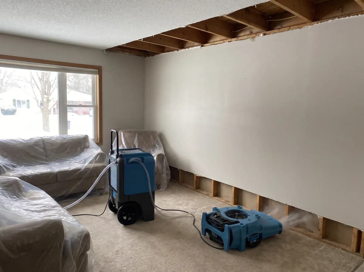 Dehumidifier and air mover drying an opened ceiling and wall after ice dam water damage in a Michigan home