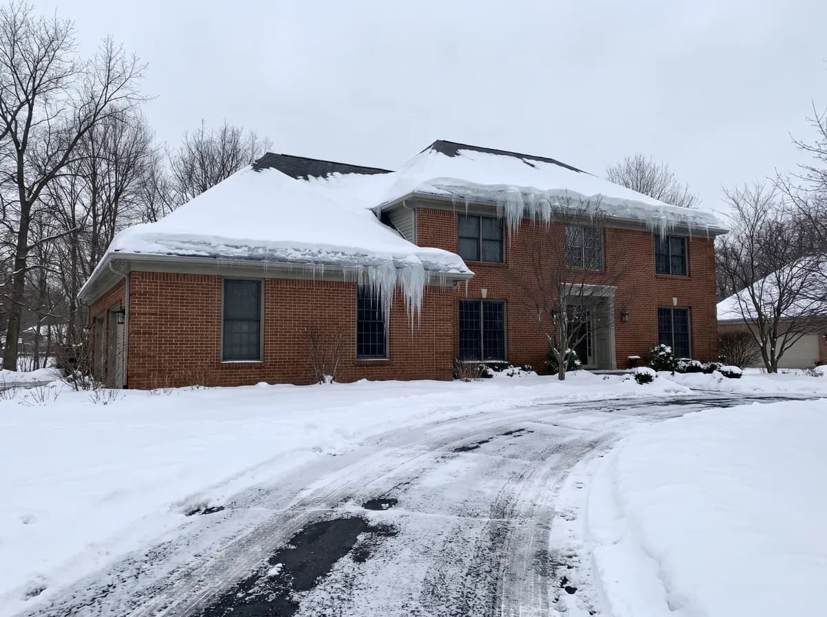 Ice dam and heavy icicles along the roof eave of a brick colonial home in Oakland County, Michigan