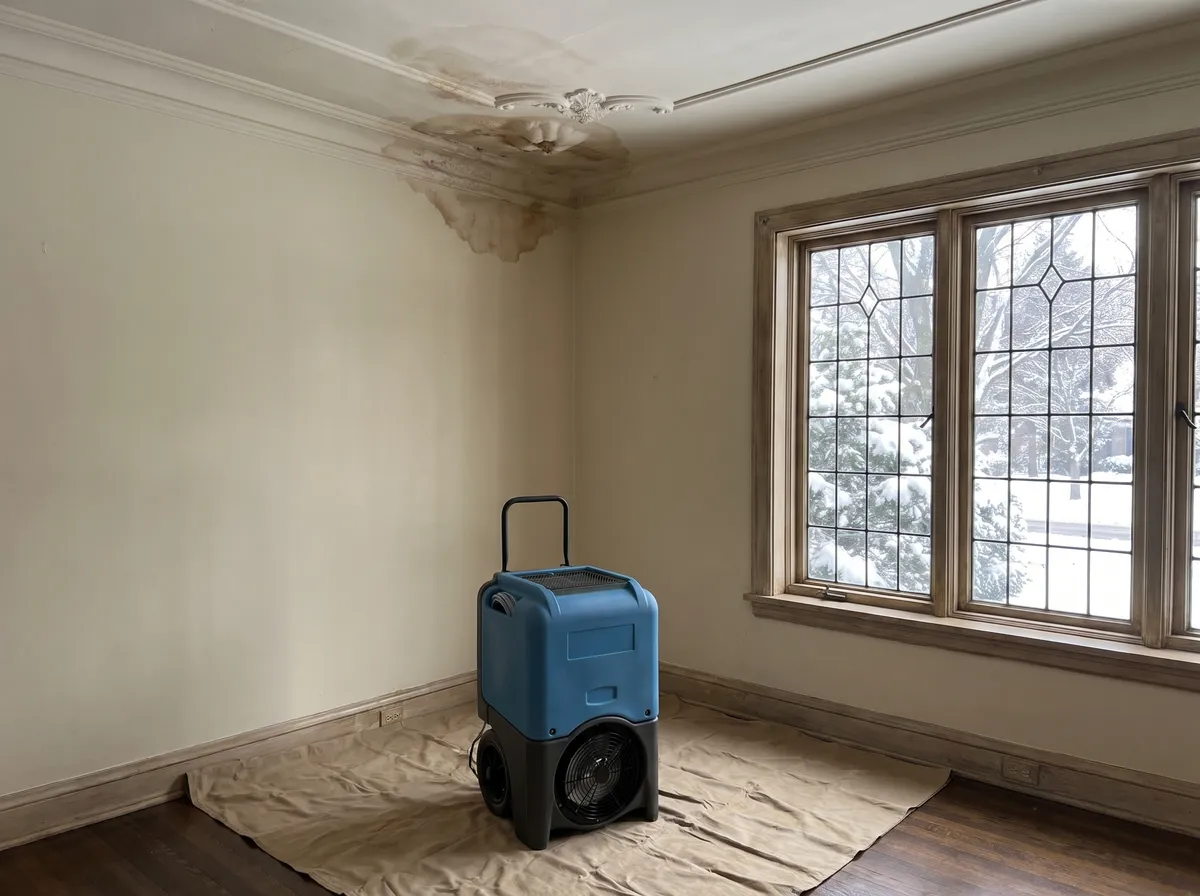 Water stain on an original plaster ceiling with a dehumidifier running in a 1930s Birmingham, Michigan home