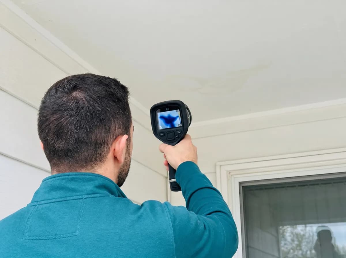 Prime technician checking a ceiling near an exterior wall with a thermal camera after an ice dam leak