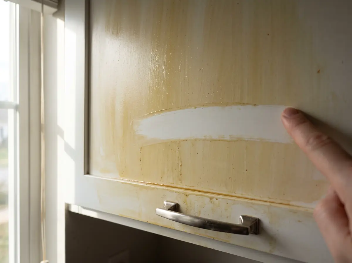 White kitchen cabinet door with a yellow-brown greasy film and one finger-wiped clean streak