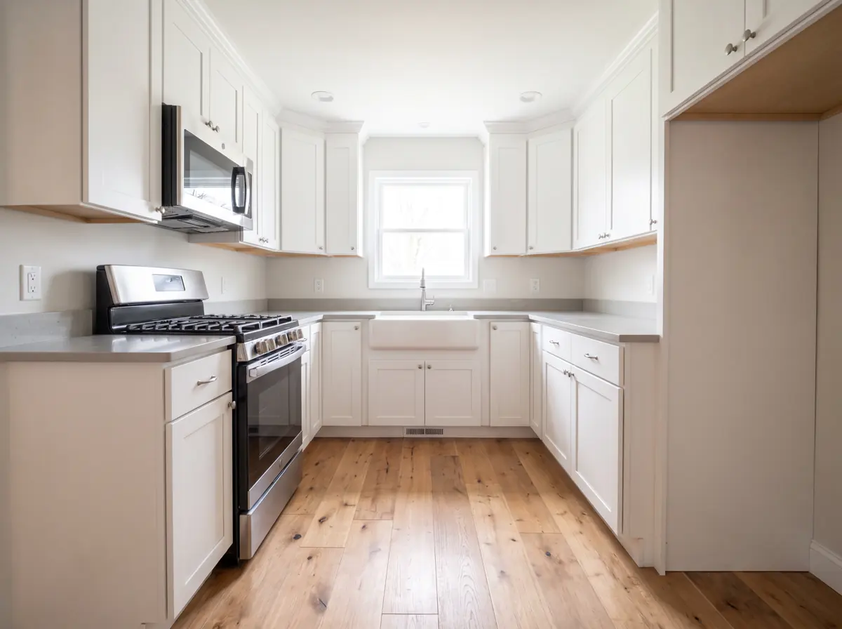 Bright rebuilt kitchen with white shaker cabinets and a new range
