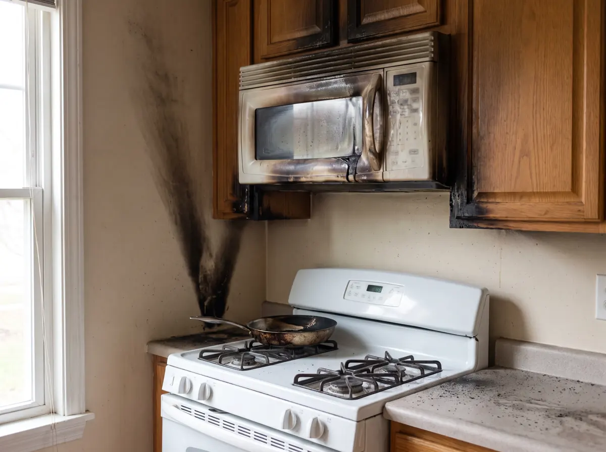 Scorched over-the-range microwave and blackened wall above a white gas stove after a grease fire