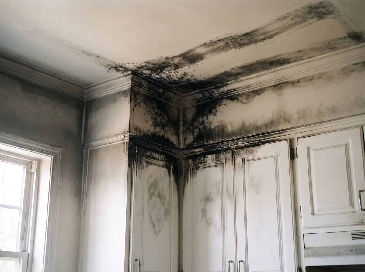 Kitchen ceiling corner and upper cabinets covered in heavy black soot after a stove fire