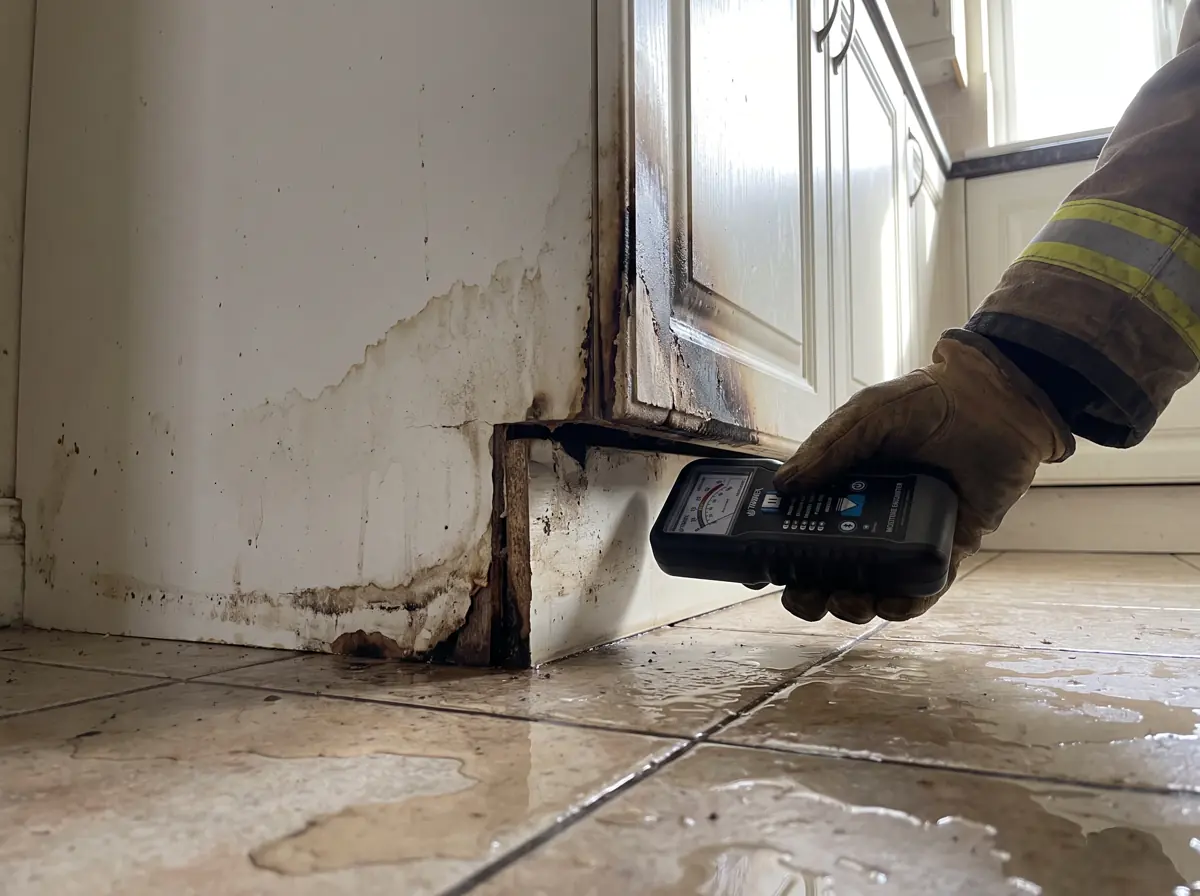 Gloved hand holding a moisture meter at a water-swollen cabinet base below a stove after a fire