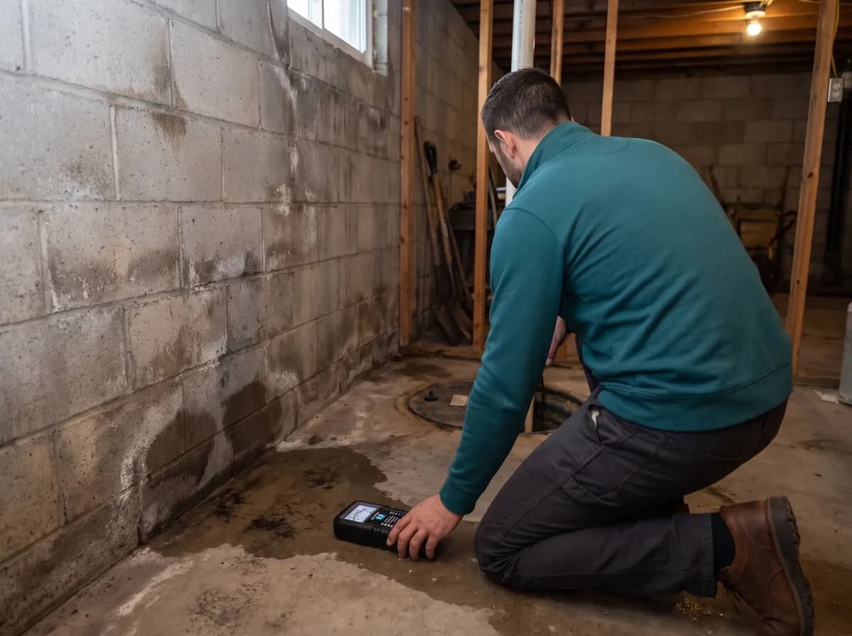 Technician lays a moisture meter flat on a damp basement floor by the foundation wall