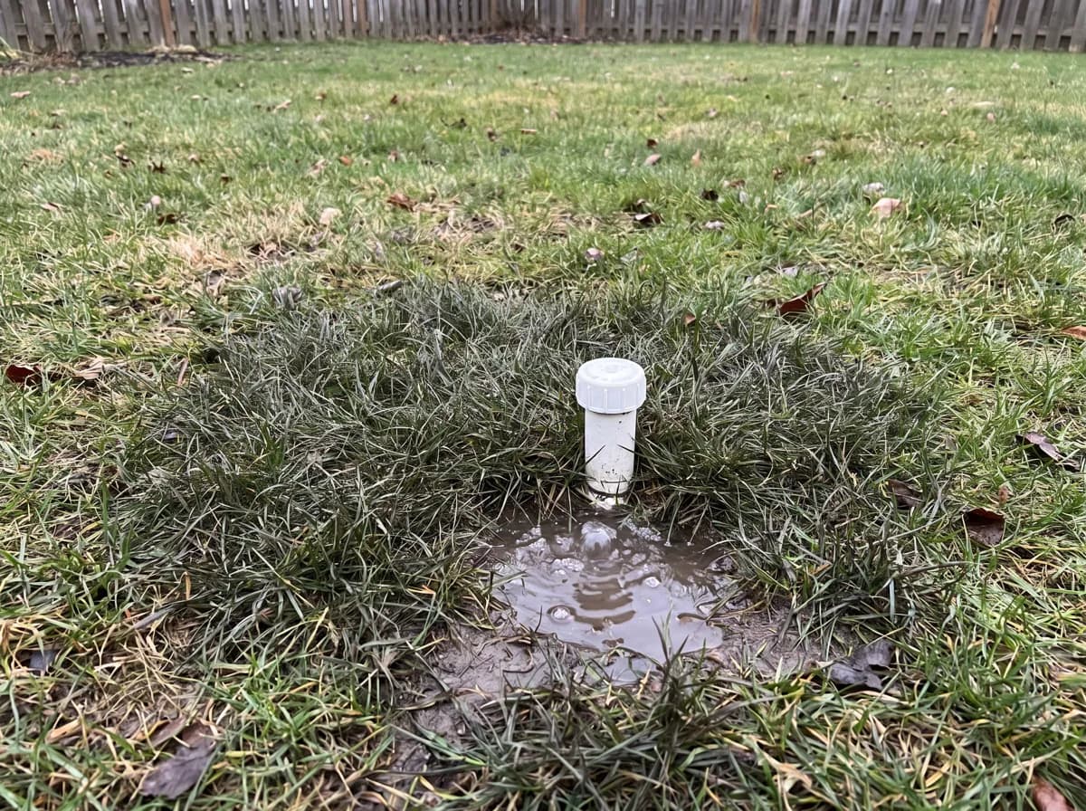 Water pooling around a leaking sprinkler head in a yard