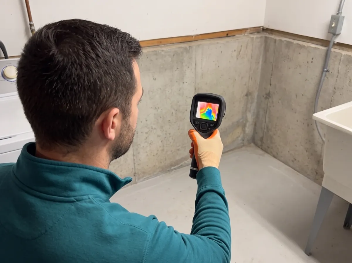 Technician checks a basement foundation wall with a thermal camera