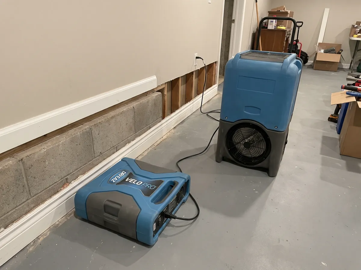 Air mover and dehumidifier drying a basement wall