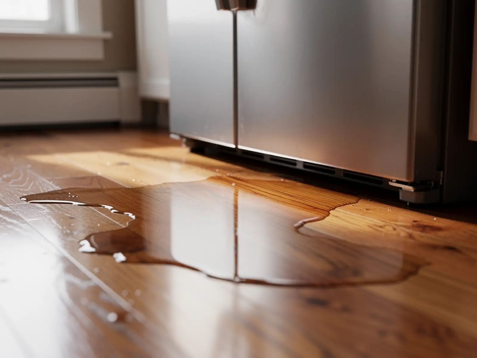 Water pooled on hardwood flooring at the base of a refrigerator in a kitchen