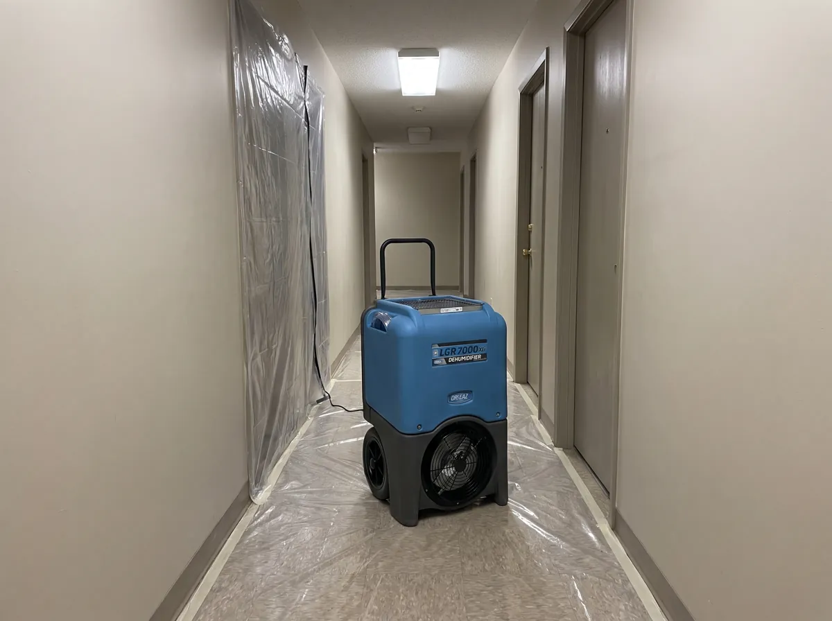 Dehumidifier and plastic containment in an apartment hallway