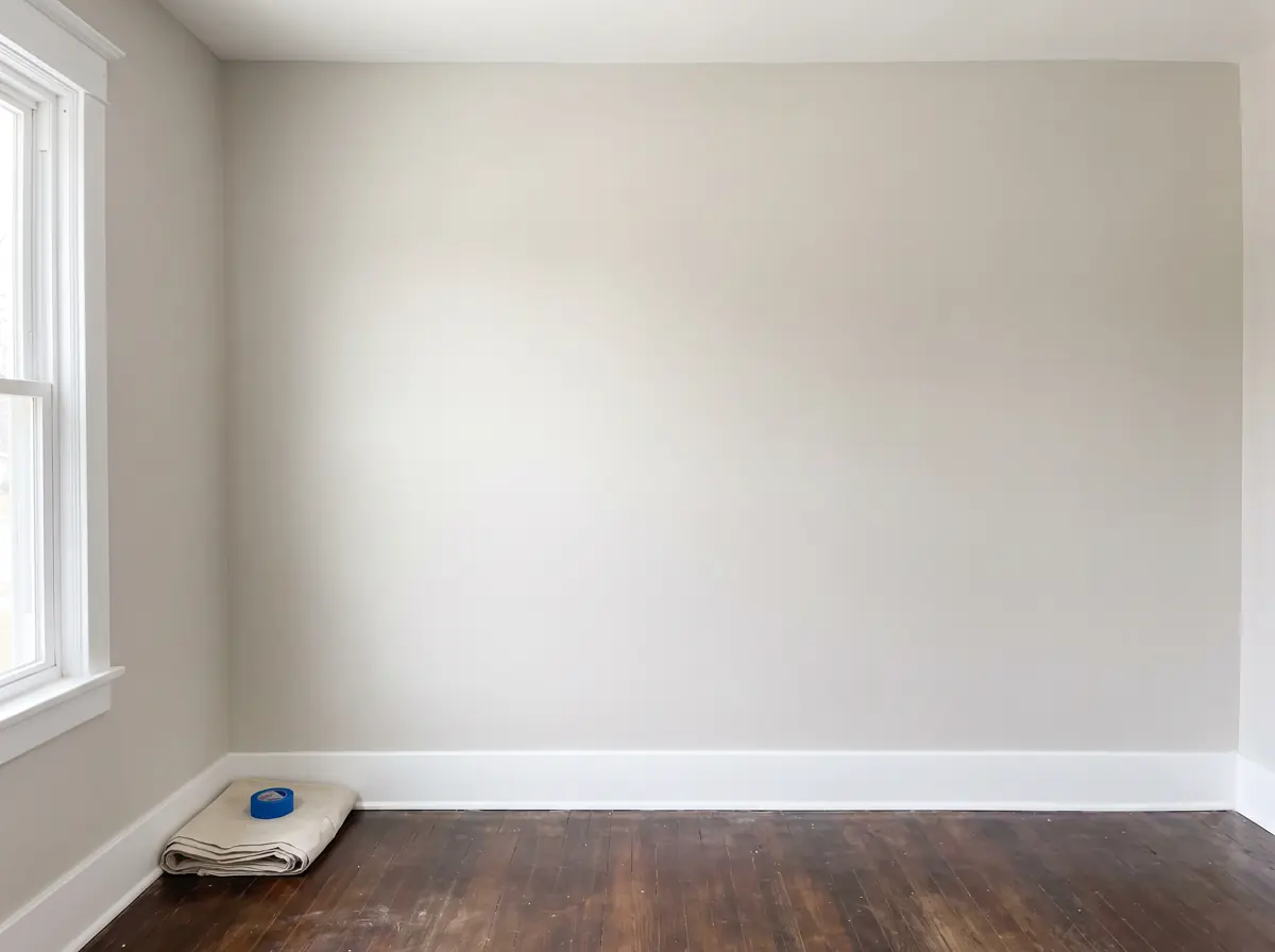 Freshly repainted living room wall with clean white trim after soot cleaning