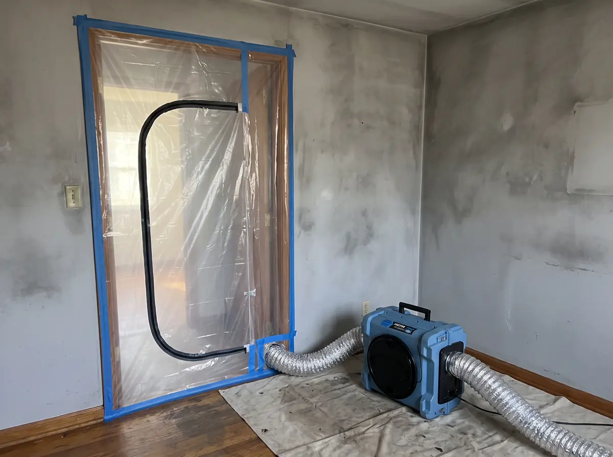 Taped plastic containment door with a HEPA air scrubber ducted through it in a sooty room