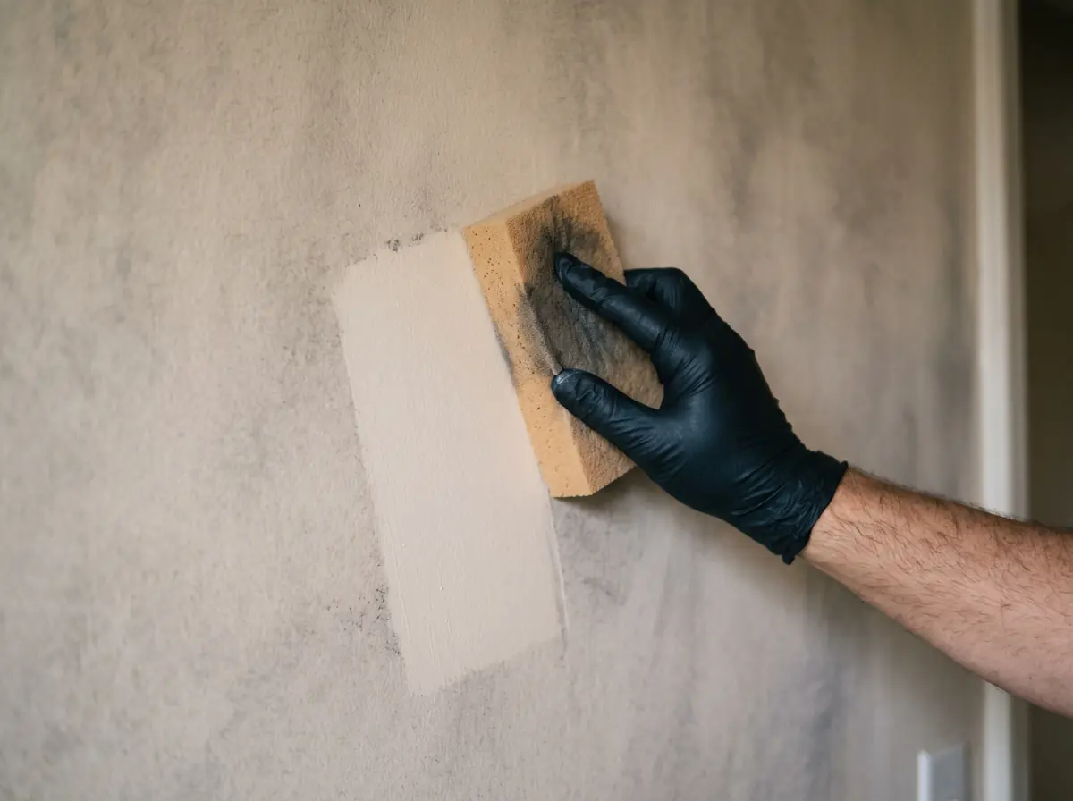 Gloved hand pulling a dry chemical soot sponge down a smoke-stained wall, leaving a clean stripe