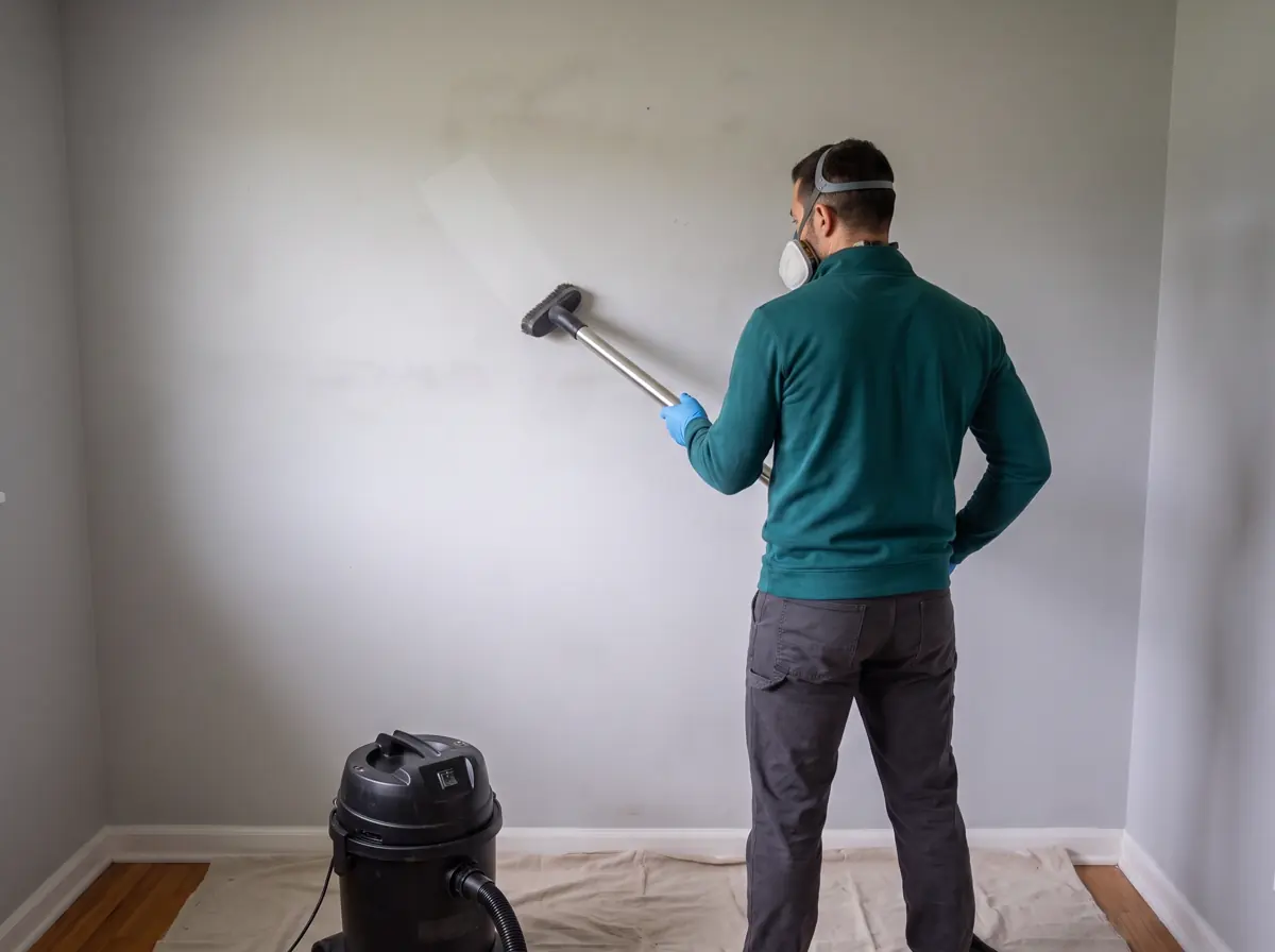 Technician in a respirator HEPA-vacuuming smoke-stained drywall in an empty room