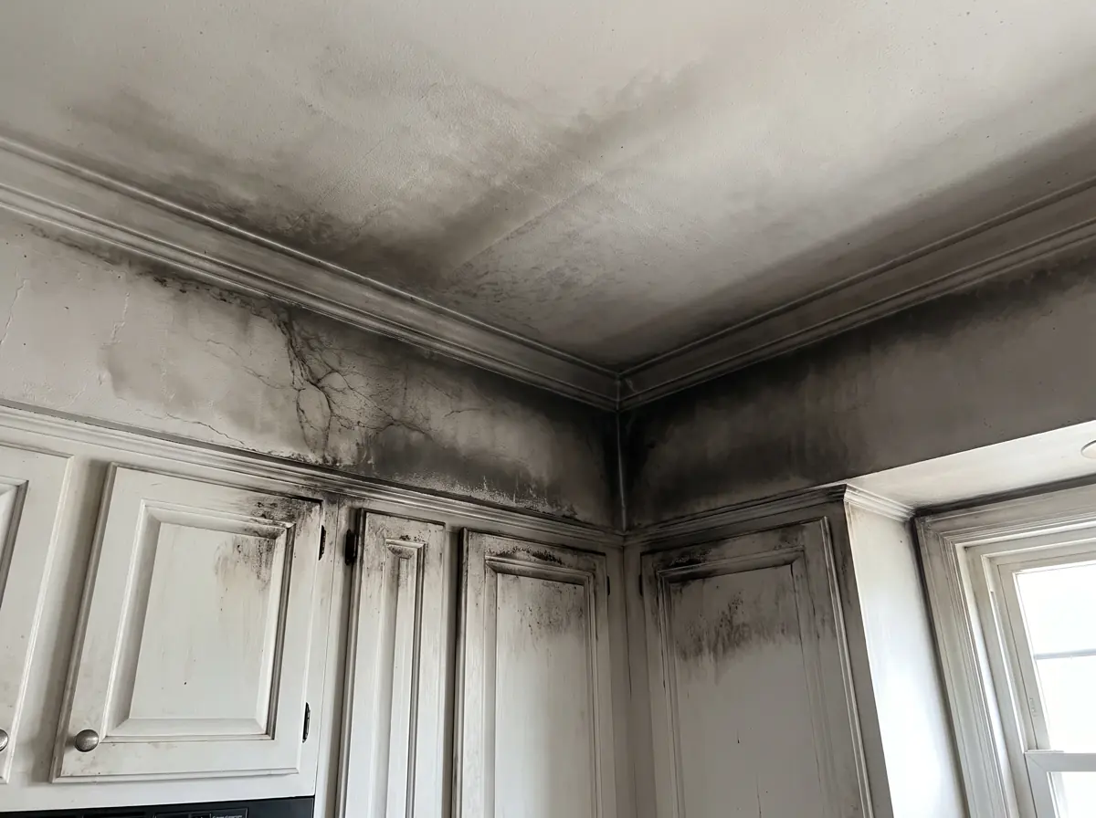Dark soot staining across a kitchen ceiling corner and the walls above white cabinets