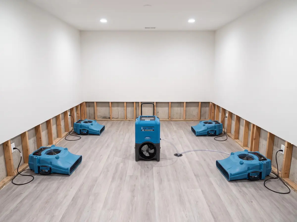 Finished basement with a level flood cut, air movers along the walls and a commercial dehumidifier during a Prime Restoration drying job